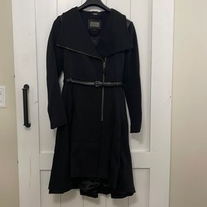 Mackage coat with leather pleated shoulders and belt.